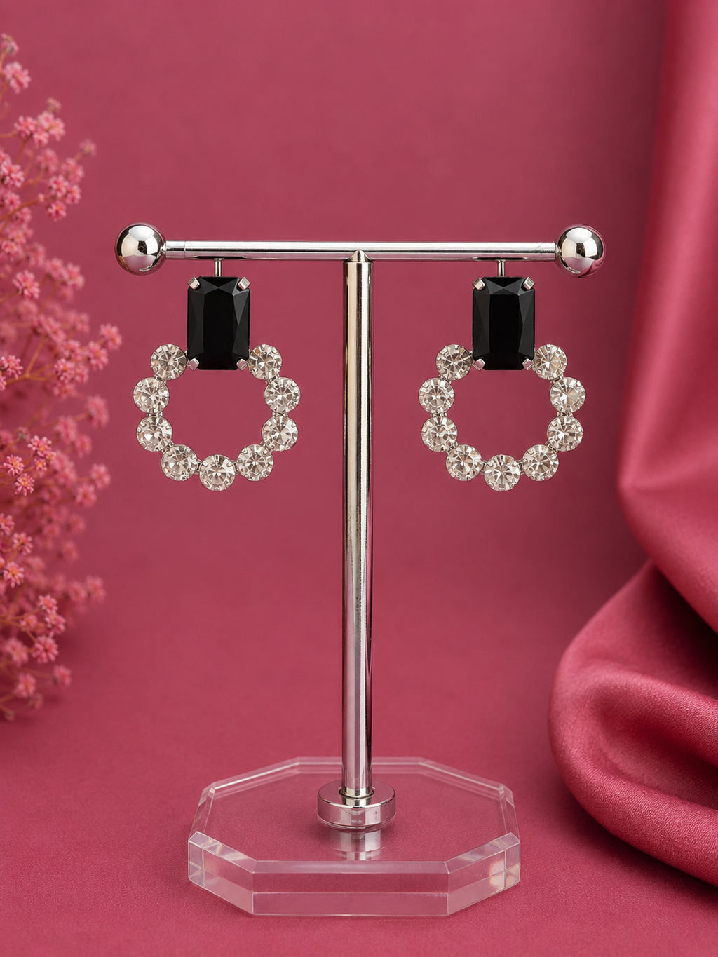 Juhika Black Stone Silver Hoop Earrings for Women | Elegant Statement Earrings