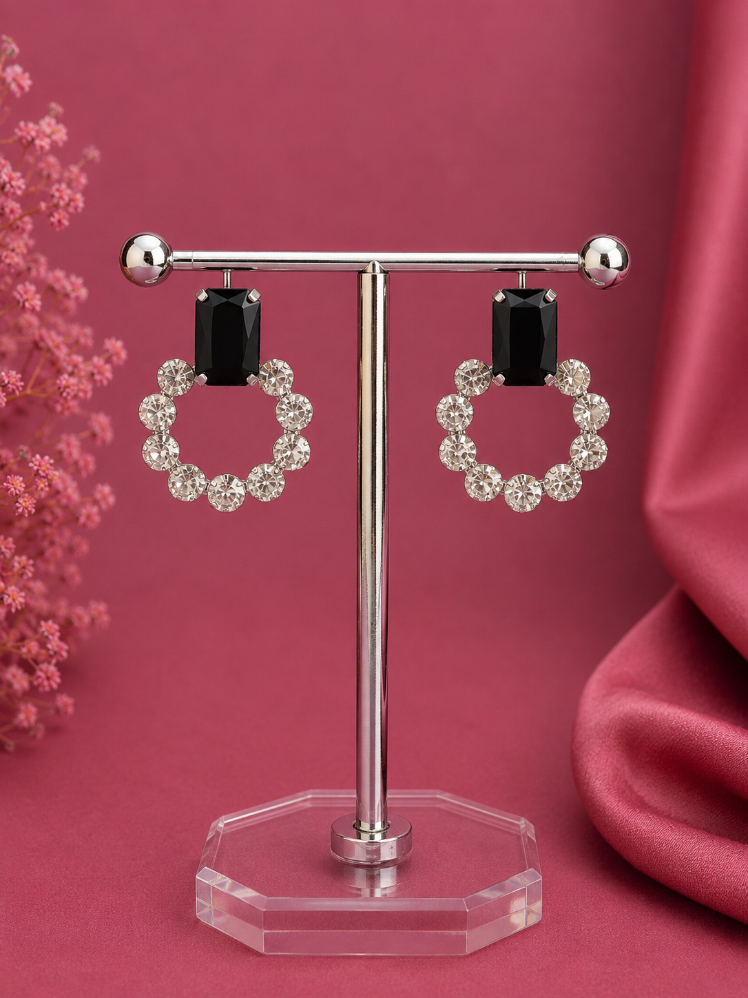 Juhika Black Stone Silver Hoop Earrings for Women | Elegant Statement Earrings