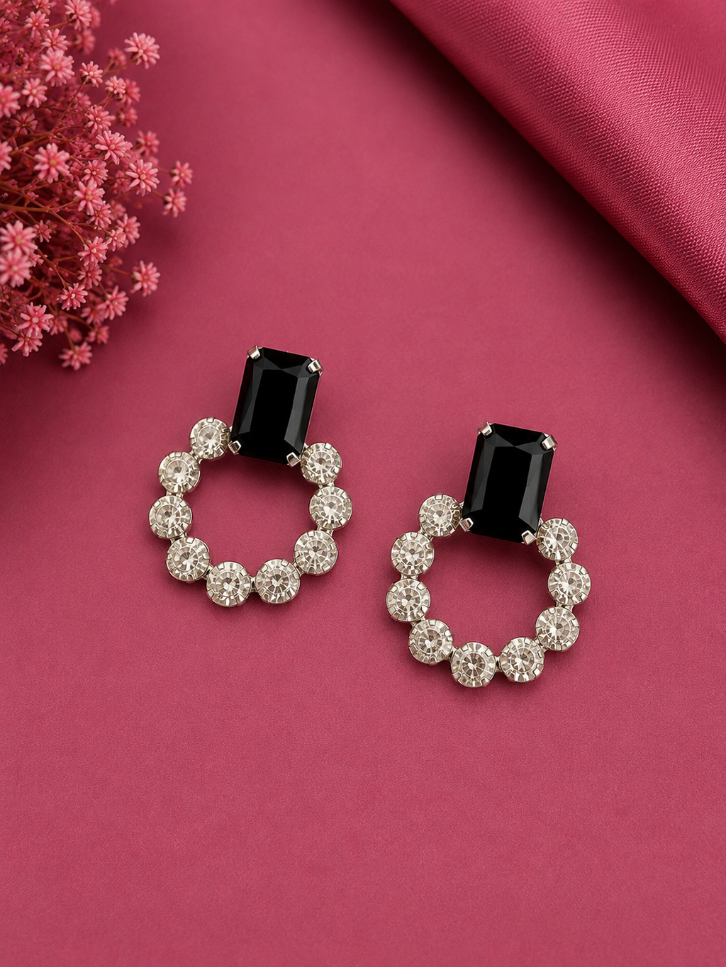 Juhika Black Stone Silver Hoop Earrings for Women | Elegant Statement Earrings