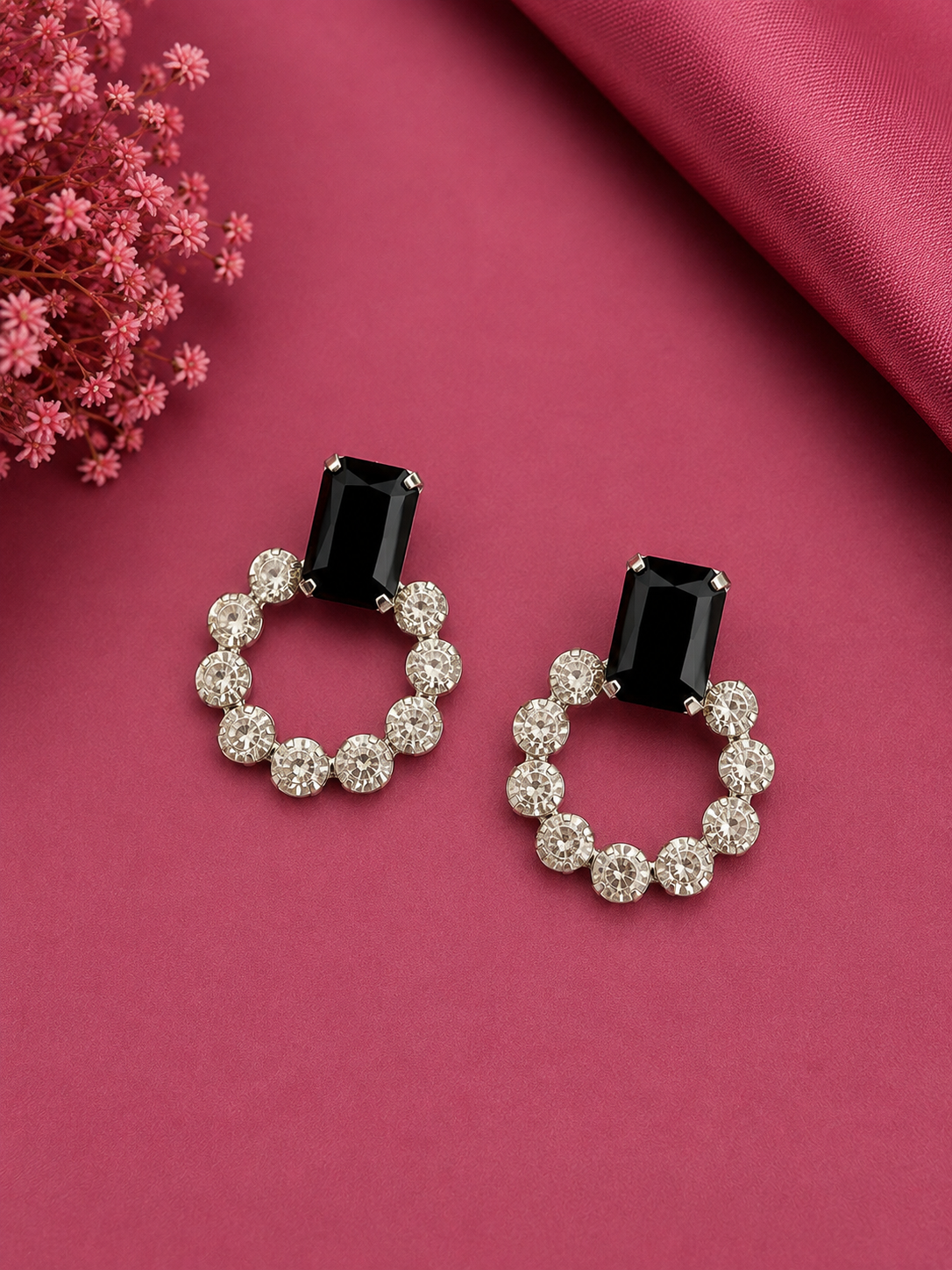 Juhika Black Stone Silver Hoop Earrings for Women | Elegant Statement Earrings