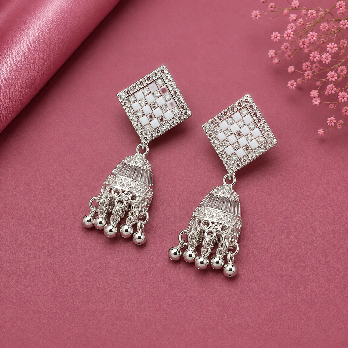 Juhika Silver Square Stud Jhumka Earrings with Pearl Bead Drops for Women