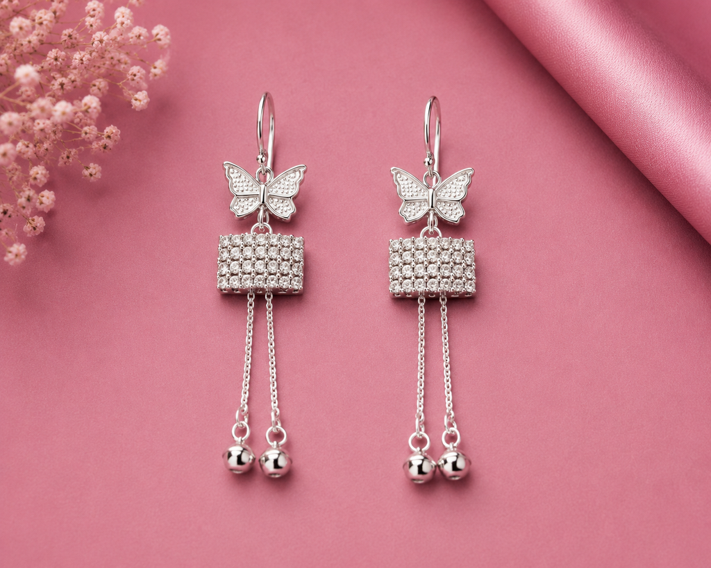 Juhika Silver Butterfly Square Crystal Chain Drop Earrings for Women