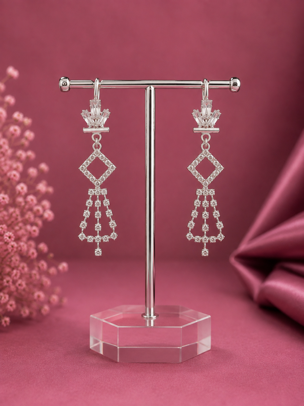 Juhika Silver Geometric Drop Earrings for Women | Elegant Statement Earrings