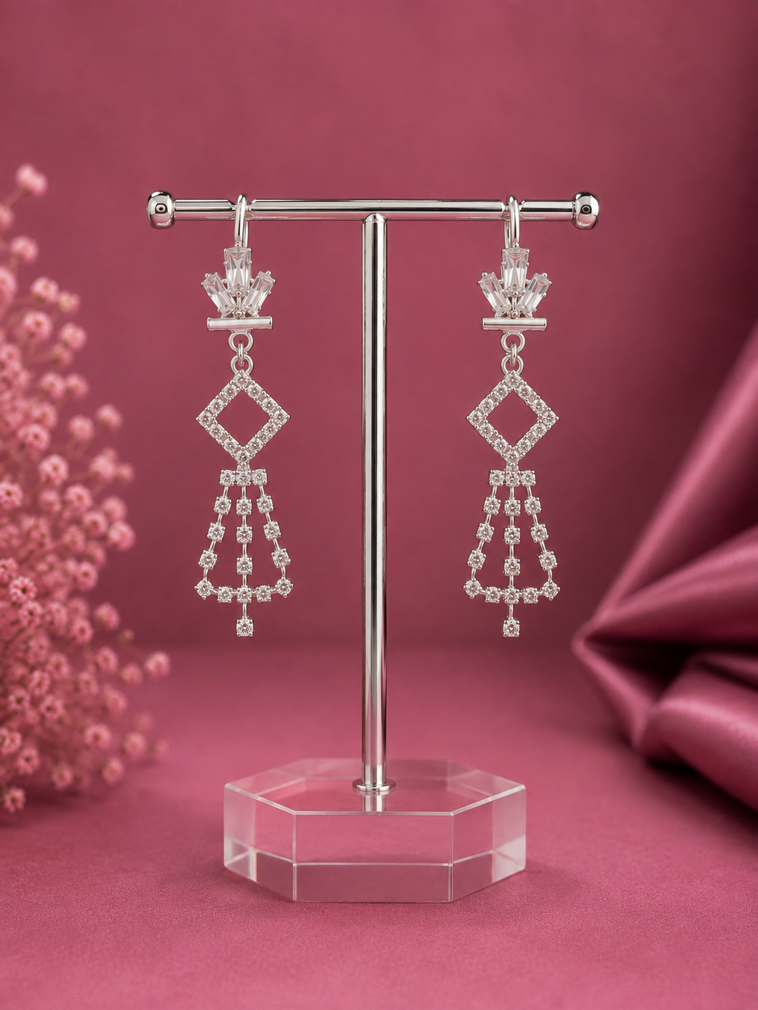 Juhika Silver Geometric Drop Earrings for Women | Elegant Statement Earrings