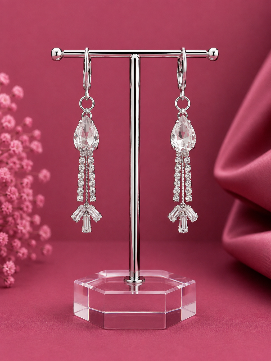 Juhika Silver Crystal Teardrop Dangle Earrings with Rhinestone Tassels for Women