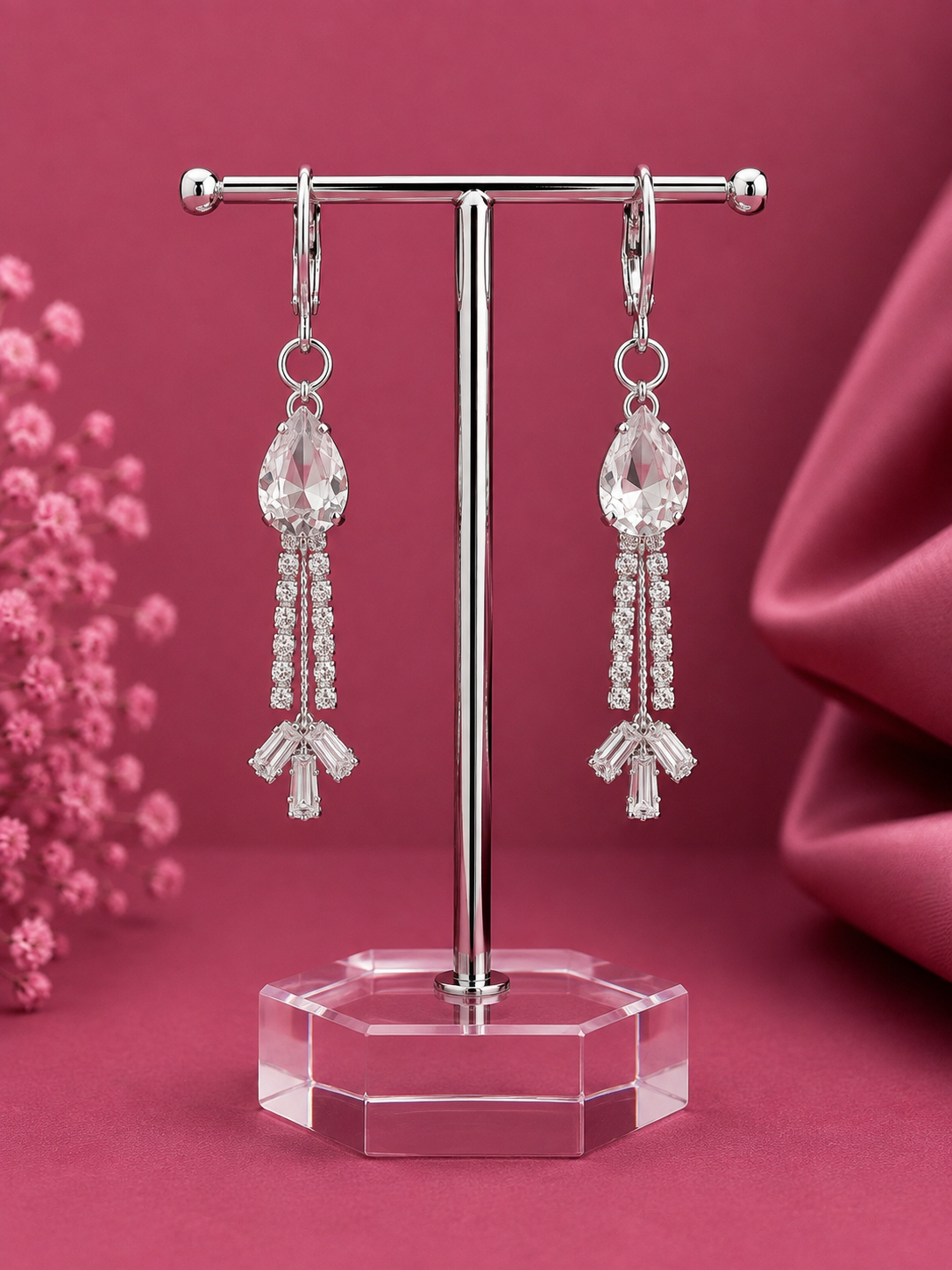 Juhika Silver Crystal Teardrop Dangle Earrings with Rhinestone Tassels for Women