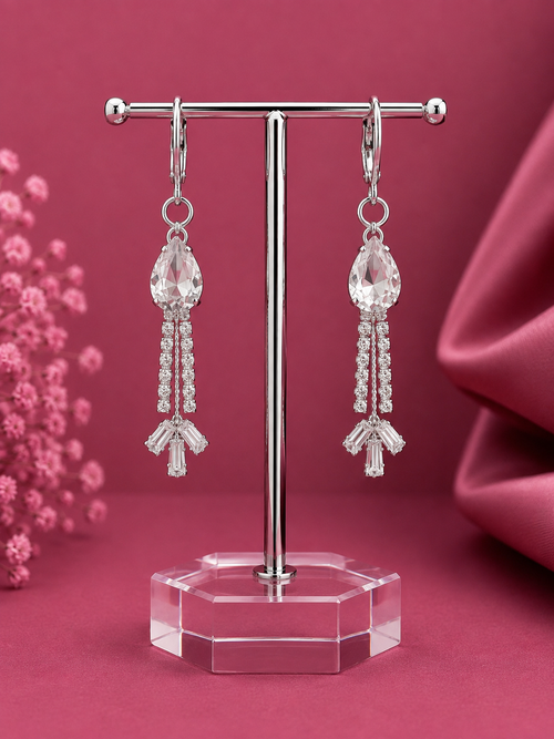 Juhika Silver Crystal Teardrop Dangle Earrings with Rhinestone Tassels for Women