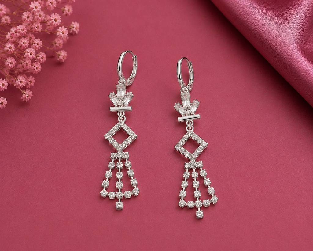 Juhika Silver Geometric Drop Earrings for Women | Elegant Statement Earrings
