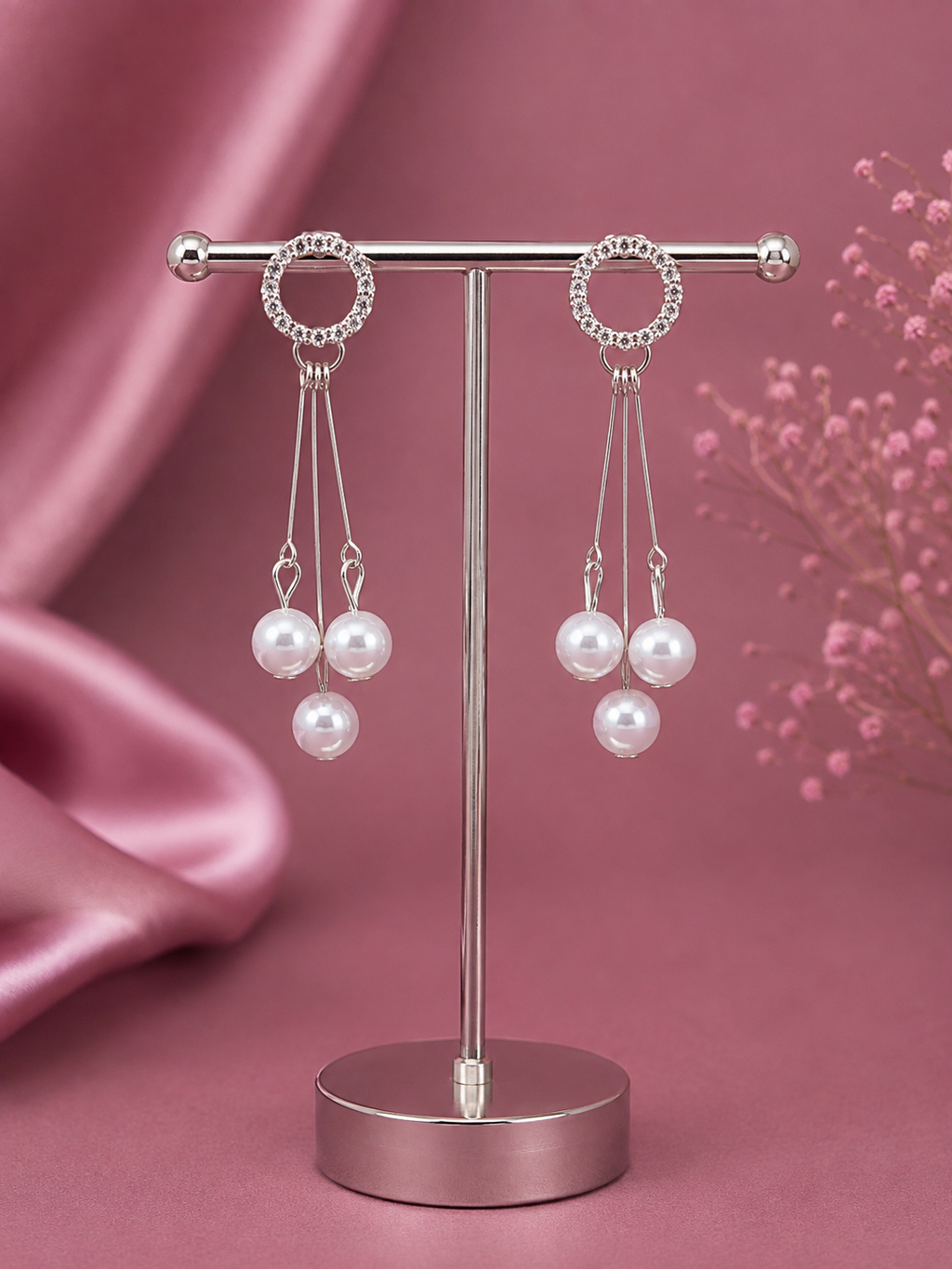Juhika Silver-Tone Pearl Drop Earrings with Crystal Circle & Triple Pearl Design