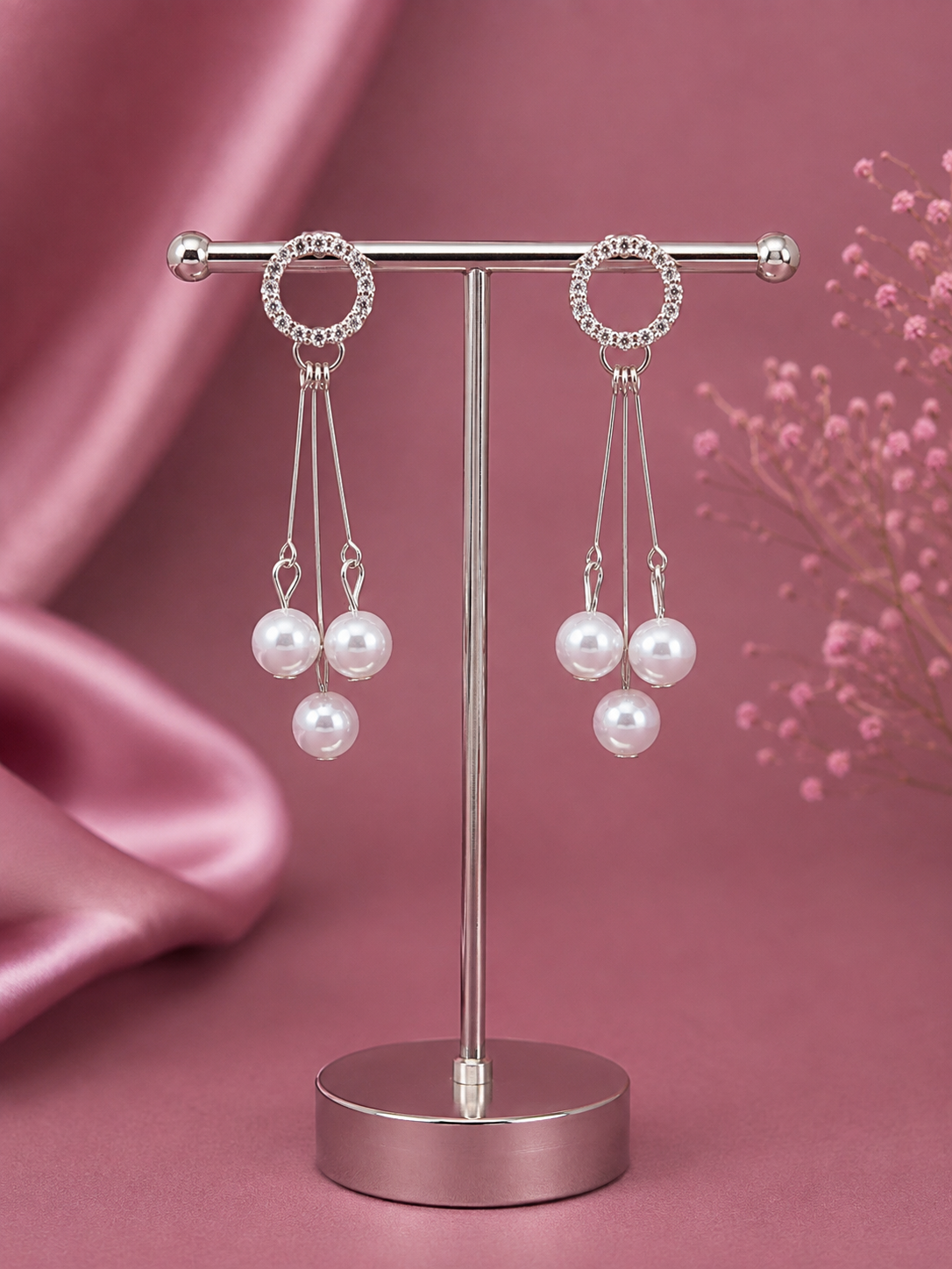 Juhika Silver-Tone Pearl Drop Earrings with Crystal Circle & Triple Pearl Design