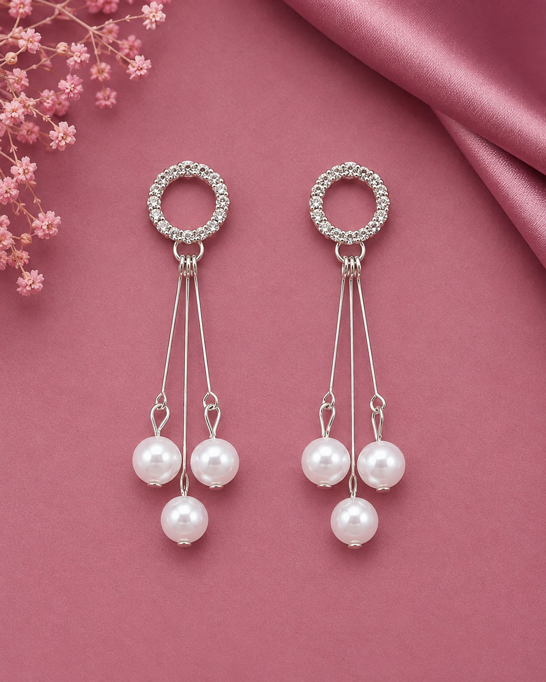 Juhika Silver-Tone Pearl Drop Earrings with Crystal Circle & Triple Pearl Design