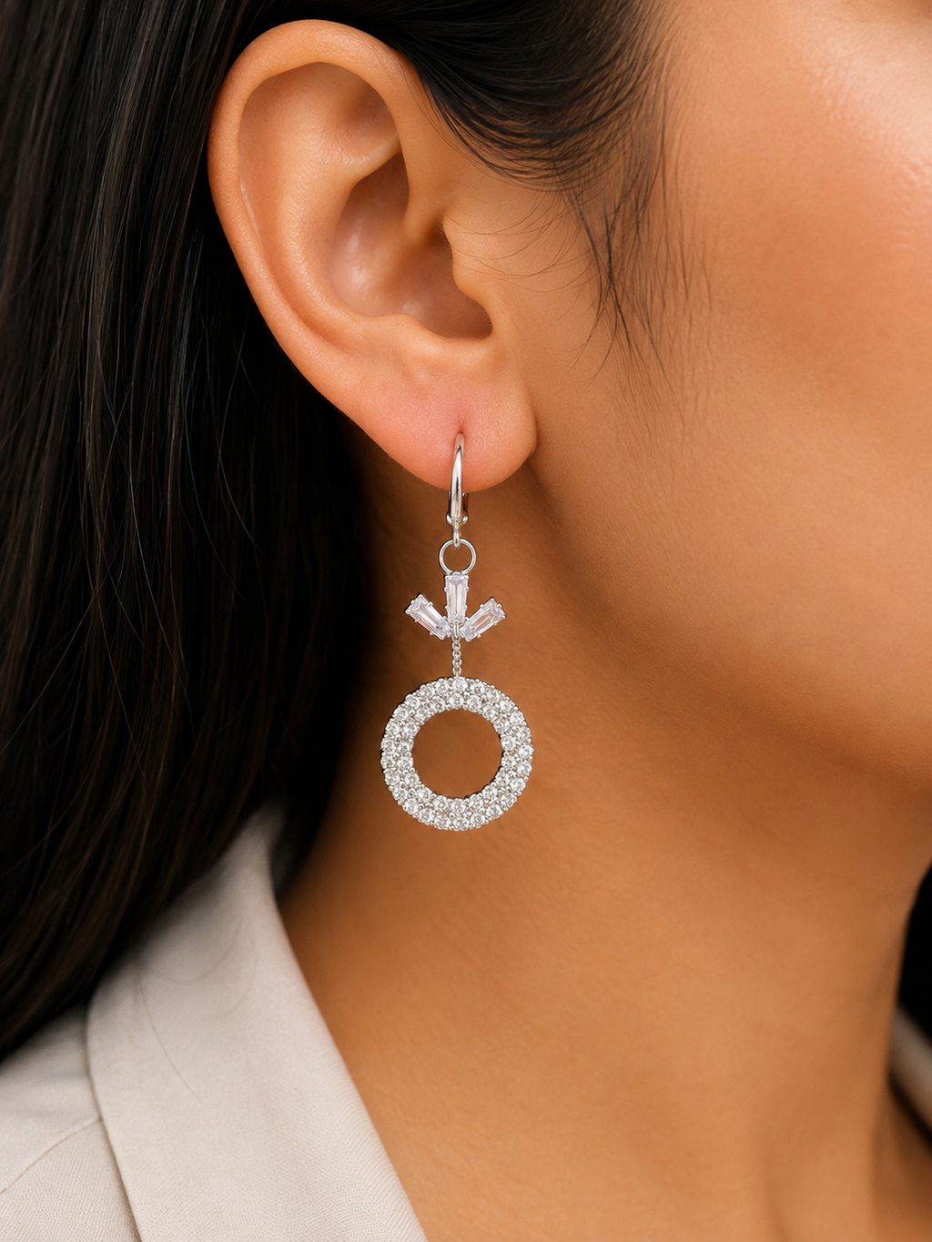 Juhika Silver CZ Crystal Circle Drop Earrings with Butterfly Accent