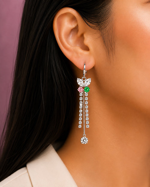 Silver Floral Dangle Earrings for Women with Crystal Drops