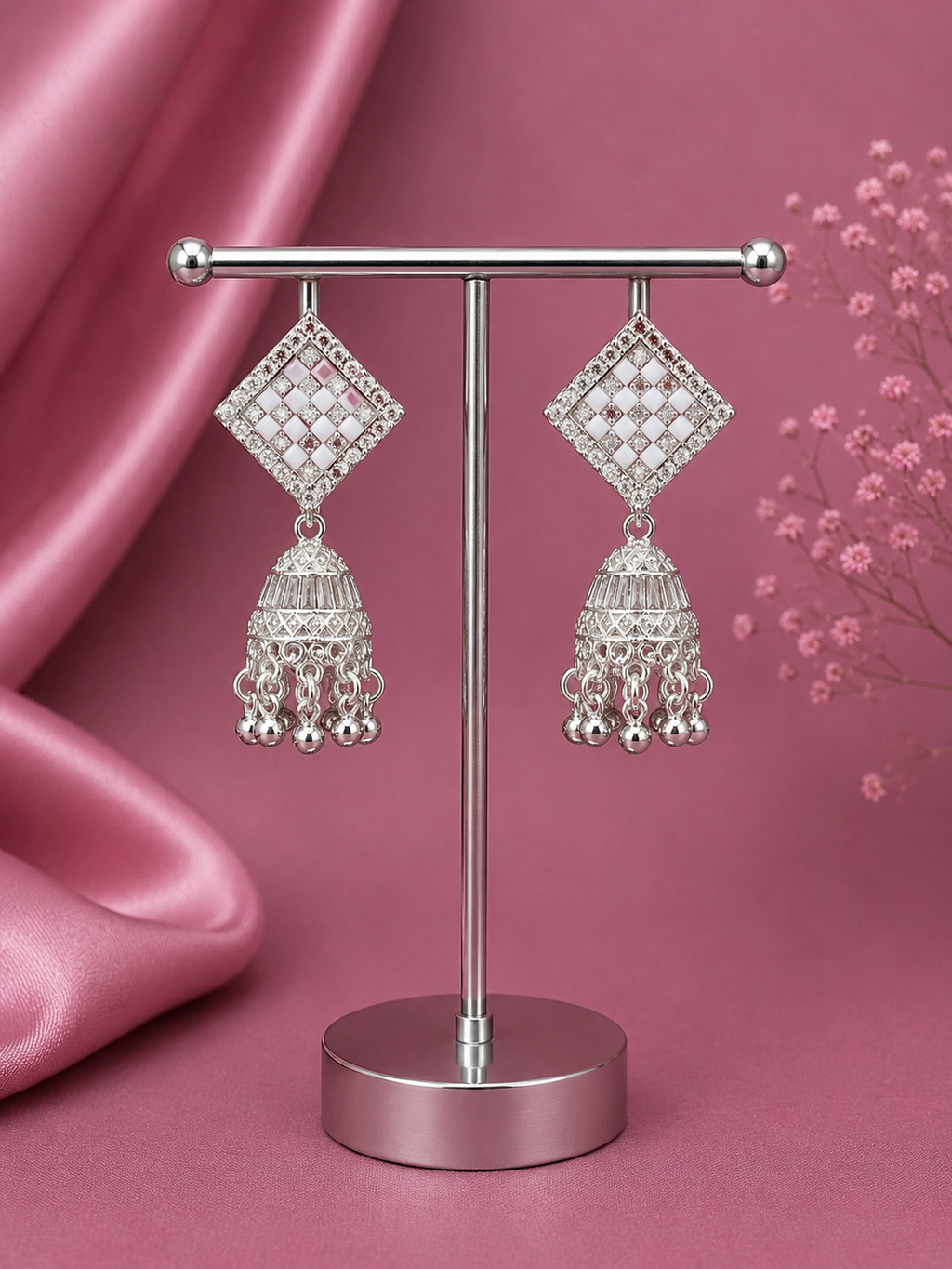 Juhika Silver Square Stud Jhumka Earrings with Pearl Bead Drops for Women