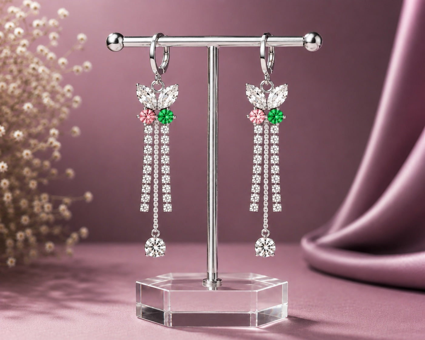 Silver Floral Dangle Earrings for Women with Crystal Drops