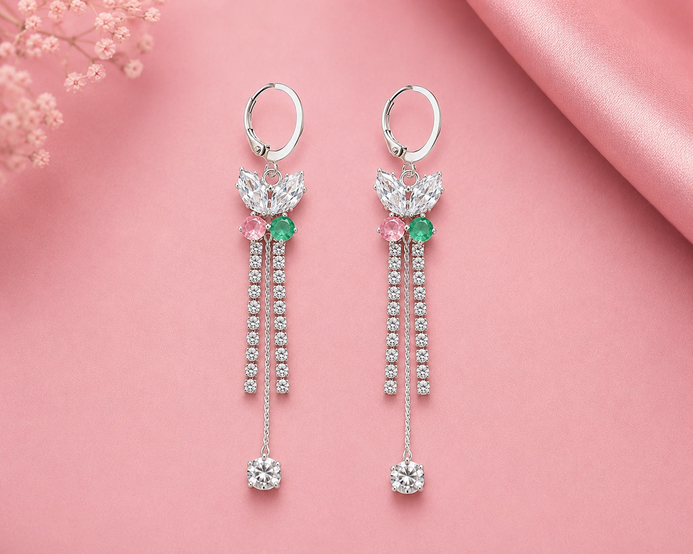 Silver Floral Dangle Earrings for Women with Crystal Drops