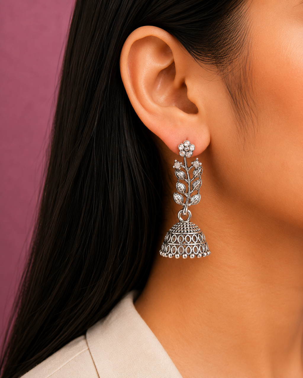 Juhika Silver Floral Jhumka Earrings for Women | Elegant Leaf Design Dangle Earrings