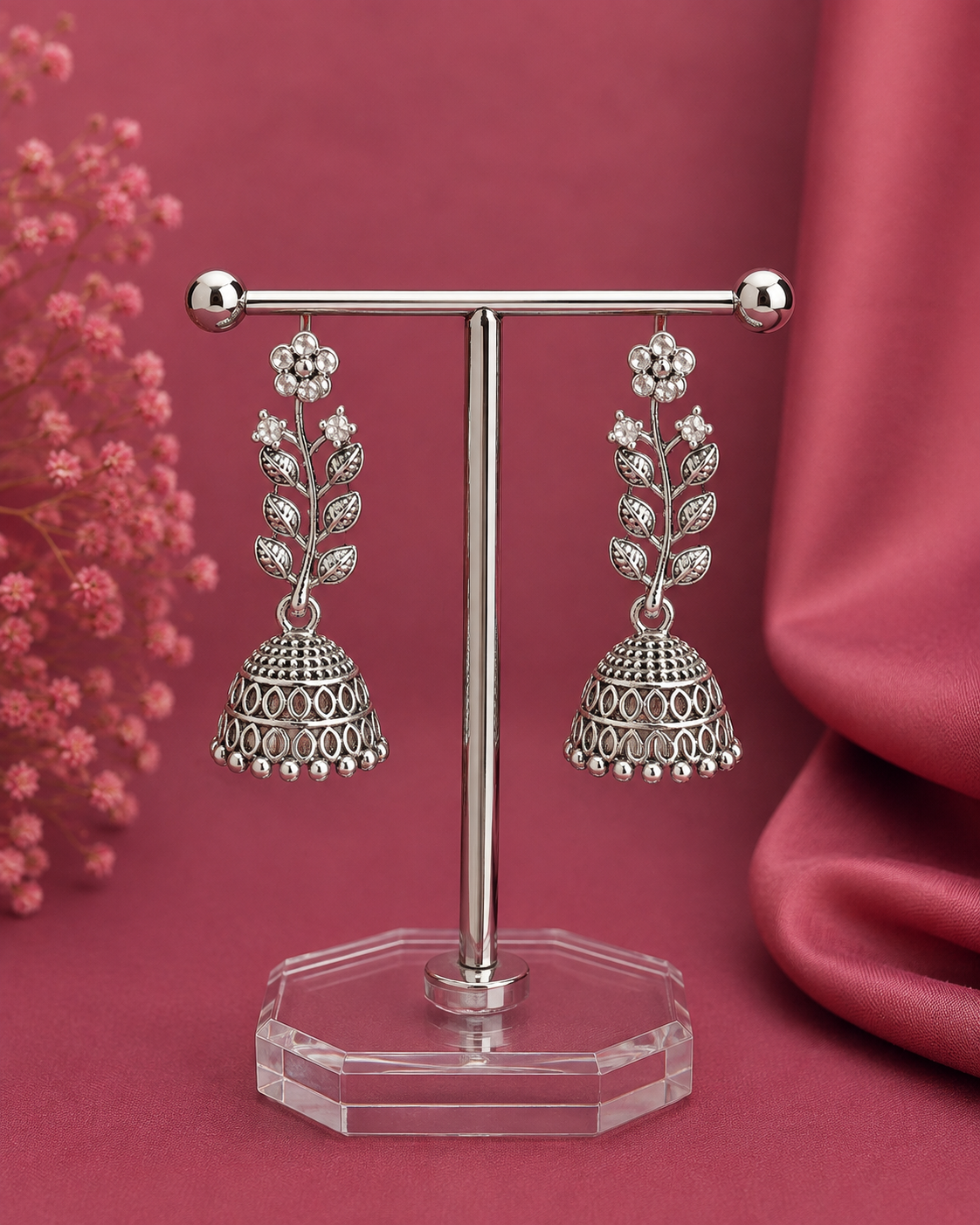 Juhika Silver Floral Jhumka Earrings for Women | Elegant Leaf Design Dangle Earrings