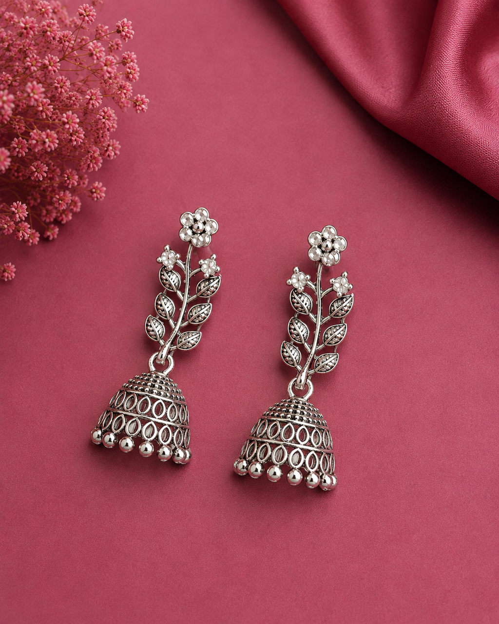 Juhika Silver Floral Jhumka Earrings for Women | Elegant Leaf Design Dangle Earrings