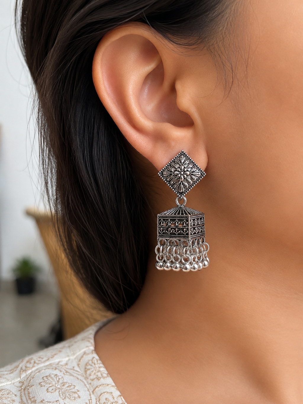 Juhika Oxidized Silver Square Jhumka Earrings for Women | Traditional Statement Earrings