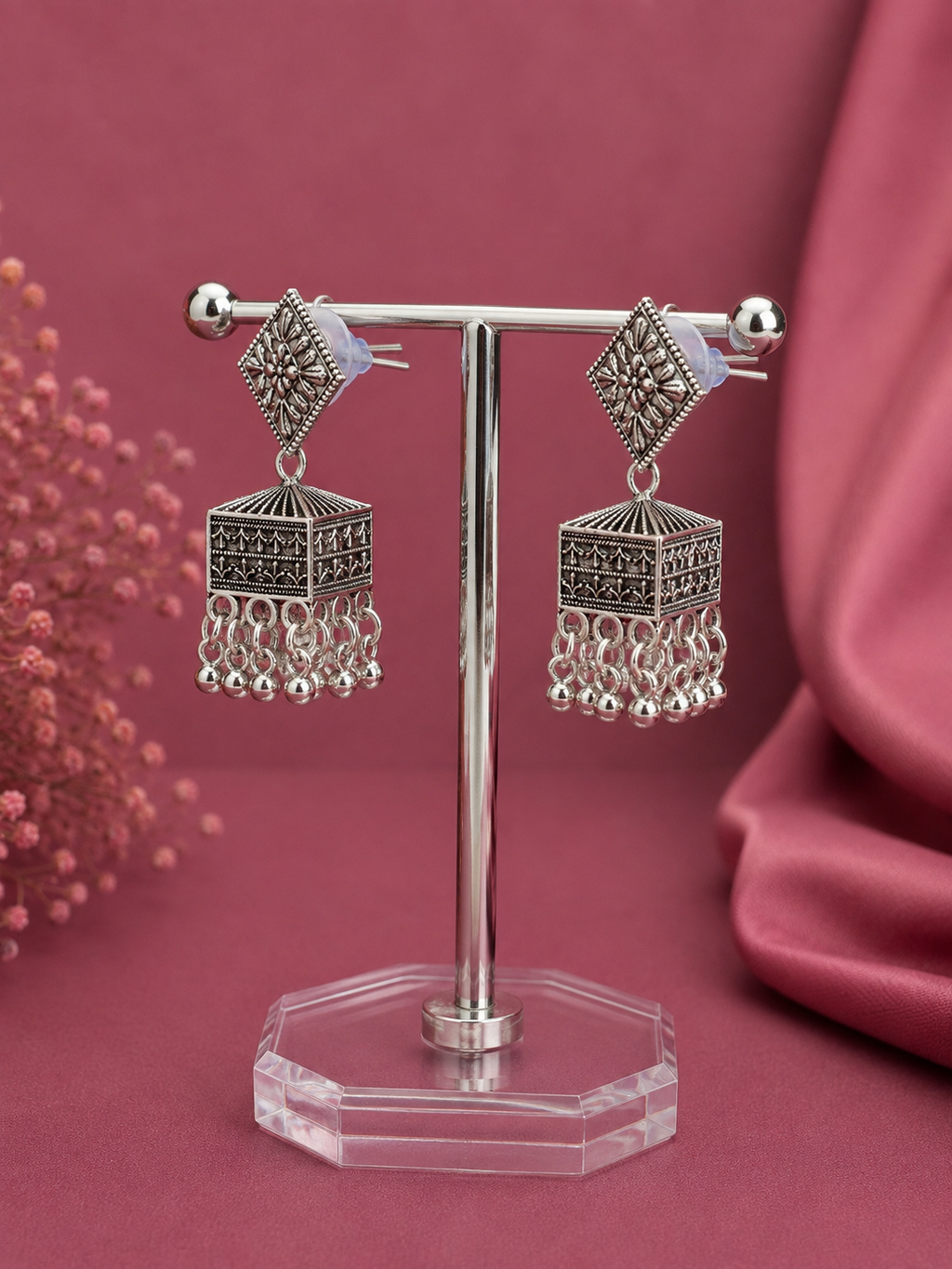 Juhika Oxidized Silver Square Jhumka Earrings for Women | Traditional Statement Earrings