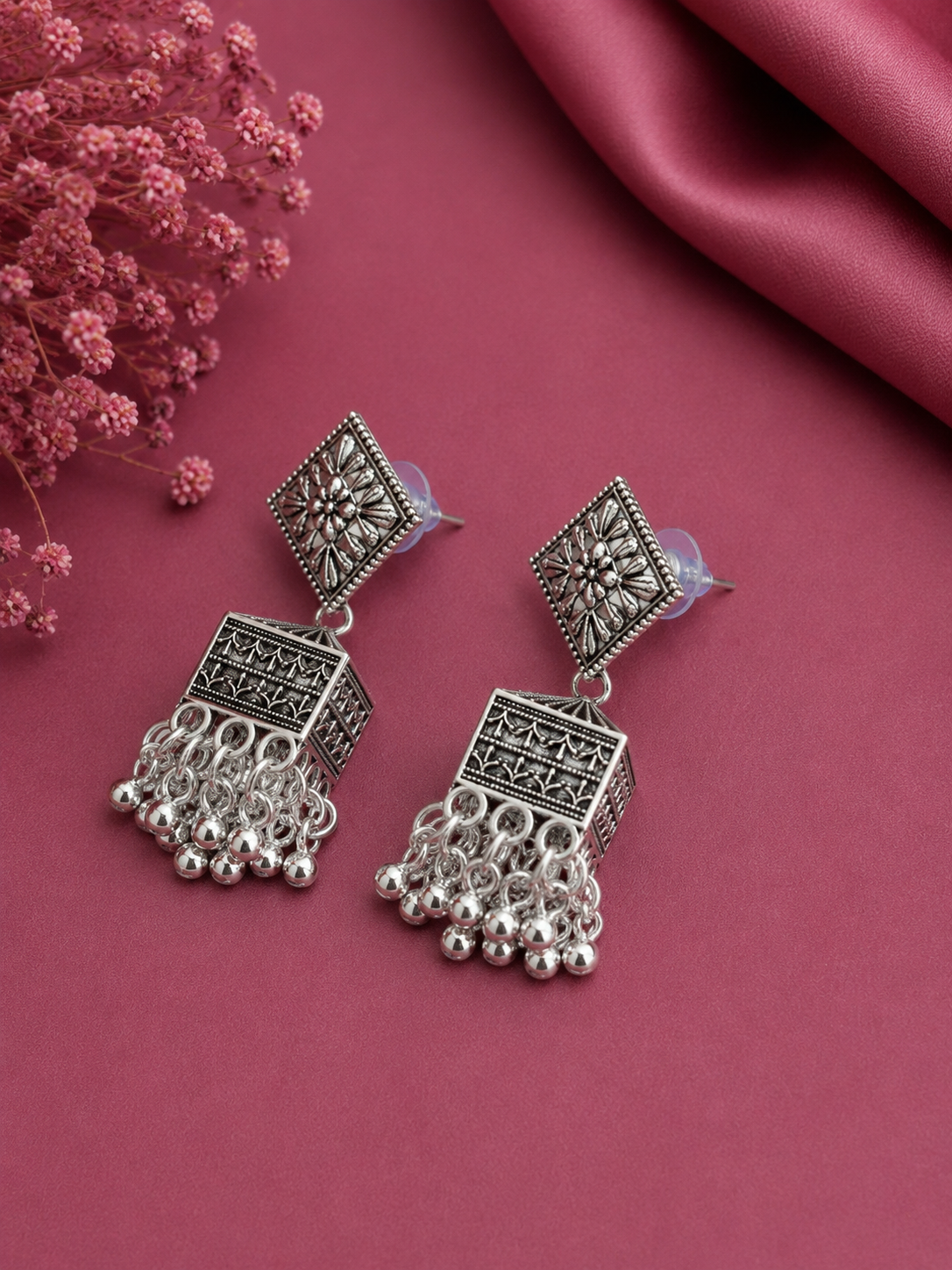 Juhika Oxidized Silver Square Jhumka Earrings for Women | Traditional Statement Earrings
