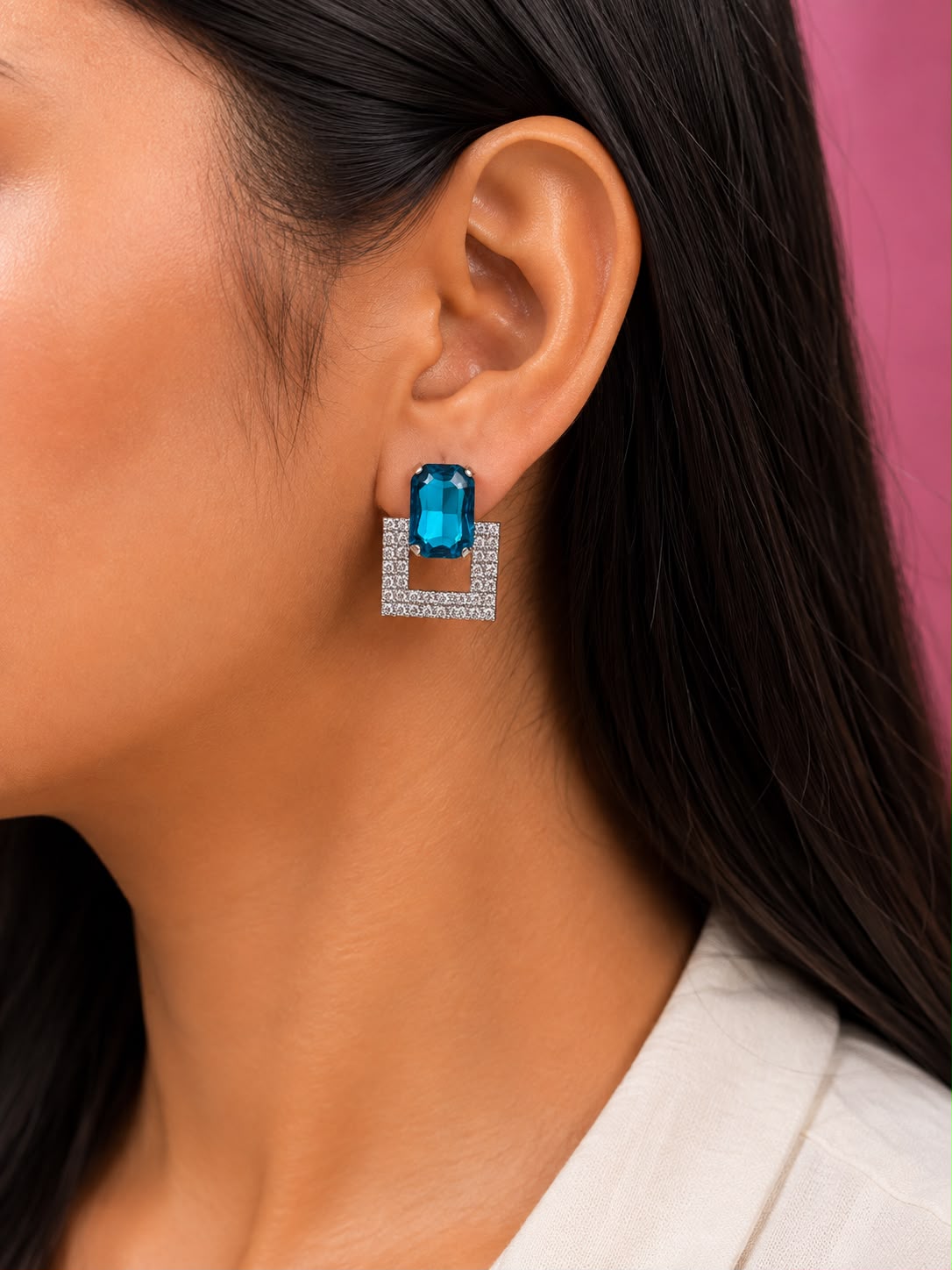 Juhika Blue Stone Square Crystal Stud Earrings for Women | Silver-Tone Earrings