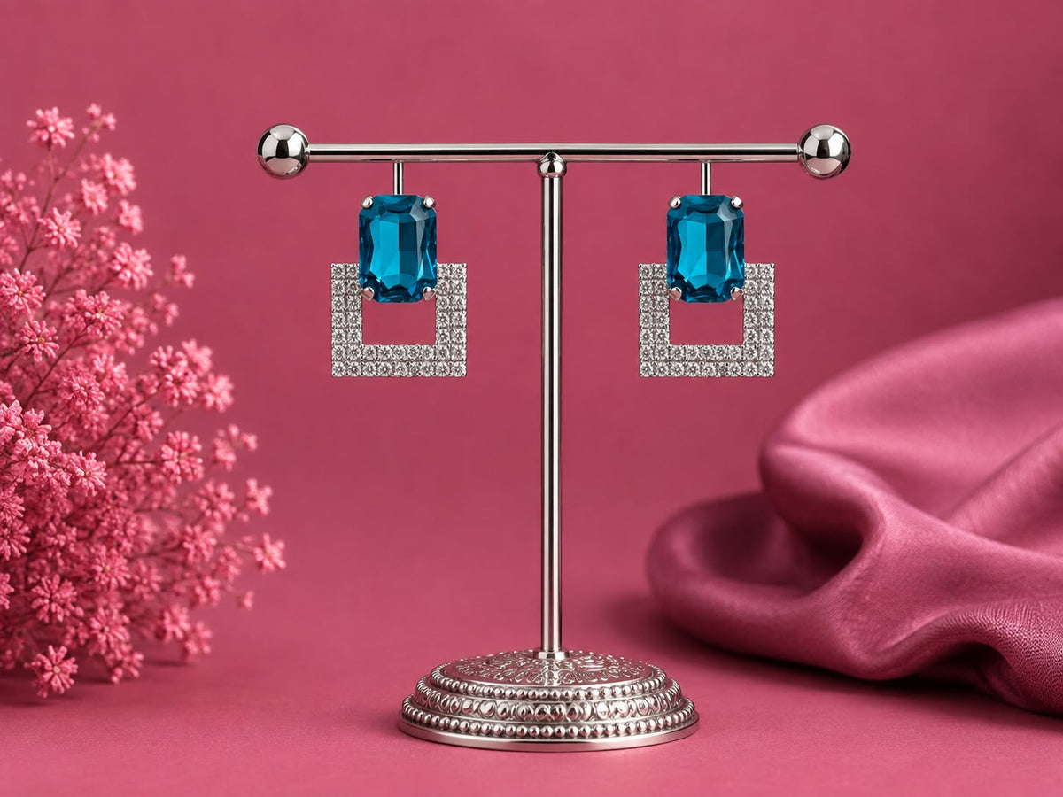 Juhika Blue Stone Square Crystal Stud Earrings for Women | Silver-Tone Earrings