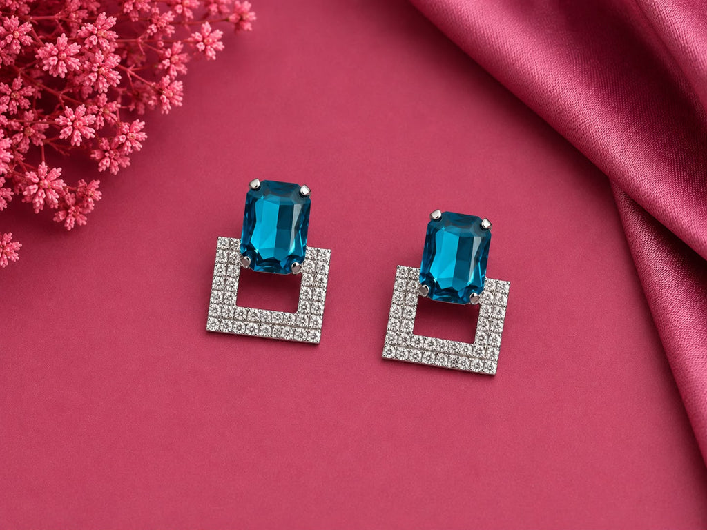 Juhika Blue Stone Square Crystal Stud Earrings for Women | Silver-Tone Earrings