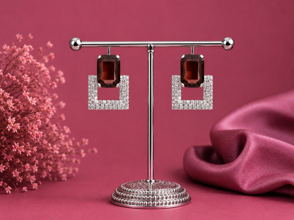 Juhika Brown Stone Square Crystal Stud Earrings for Women | Silver-Tone Earrings