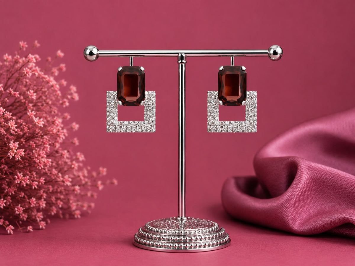 Juhika Brown Stone Square Crystal Stud Earrings for Women | Silver-Tone Earrings