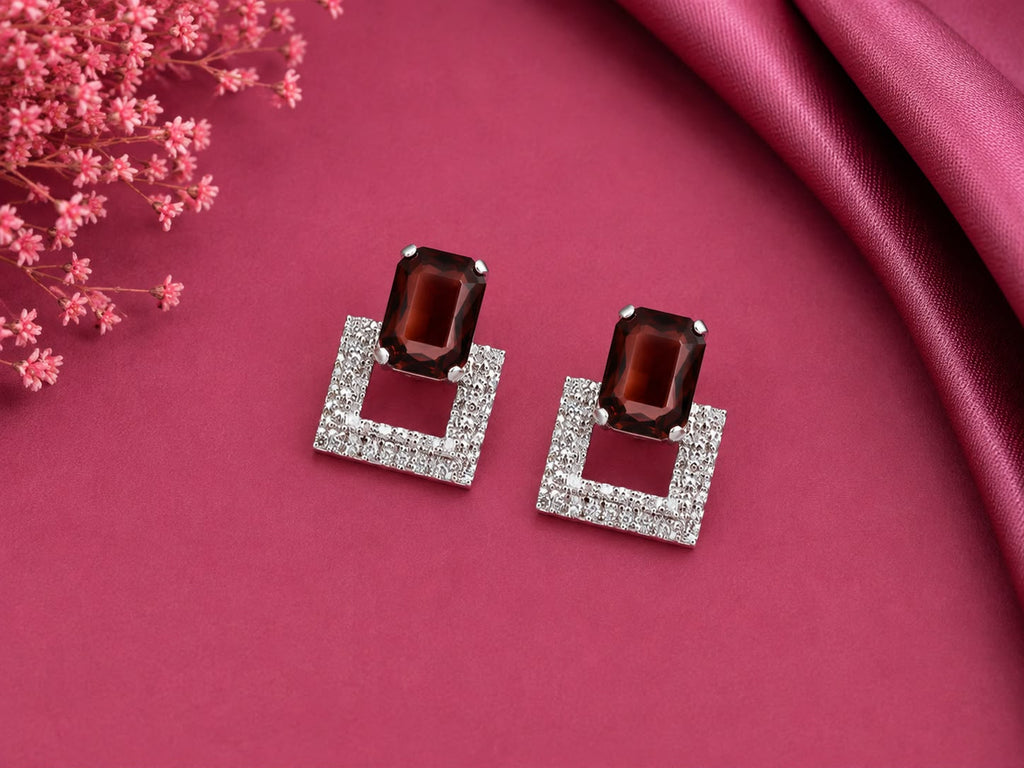 Juhika Brown Stone Square Crystal Stud Earrings for Women | Silver-Tone Earrings