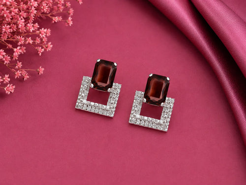 Juhika Brown Stone Square Crystal Stud Earrings for Women | Silver-Tone Earrings