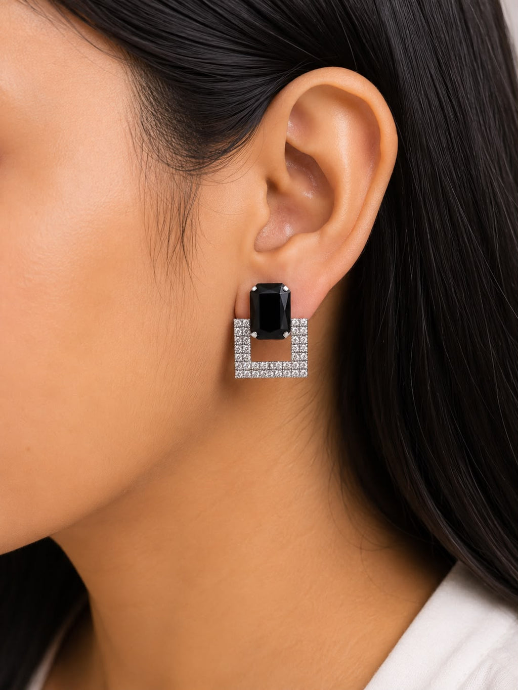 Juhika Black Stone Square Crystal Stud Earrings for Women | Silver-Tone Earrings