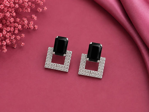 Juhika Black Stone Square Crystal Stud Earrings for Women | Silver-Tone Earrings
