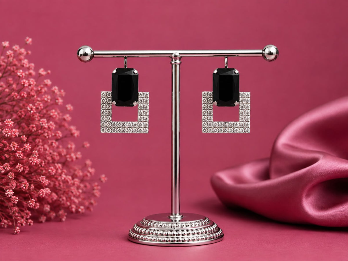 Juhika Black Stone Square Crystal Stud Earrings for Women | Silver-Tone Earrings