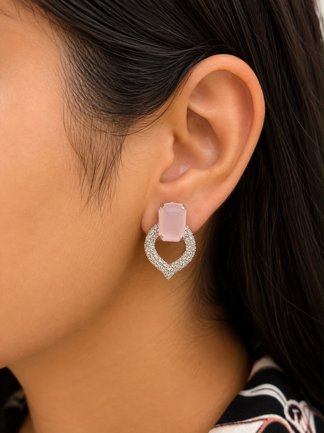 Juhika Pink Stone Heart Drop Earrings for Women | Silver-Tone Crystal Earrings
