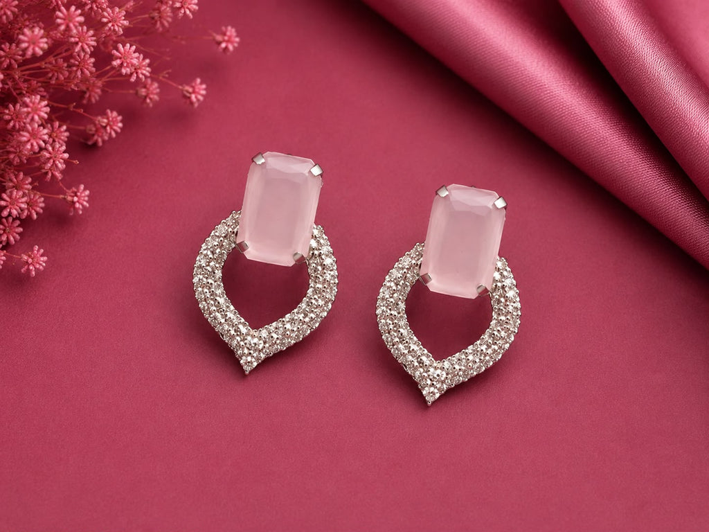 Juhika Pink Stone Heart Drop Earrings for Women | Silver-Tone Crystal Earrings