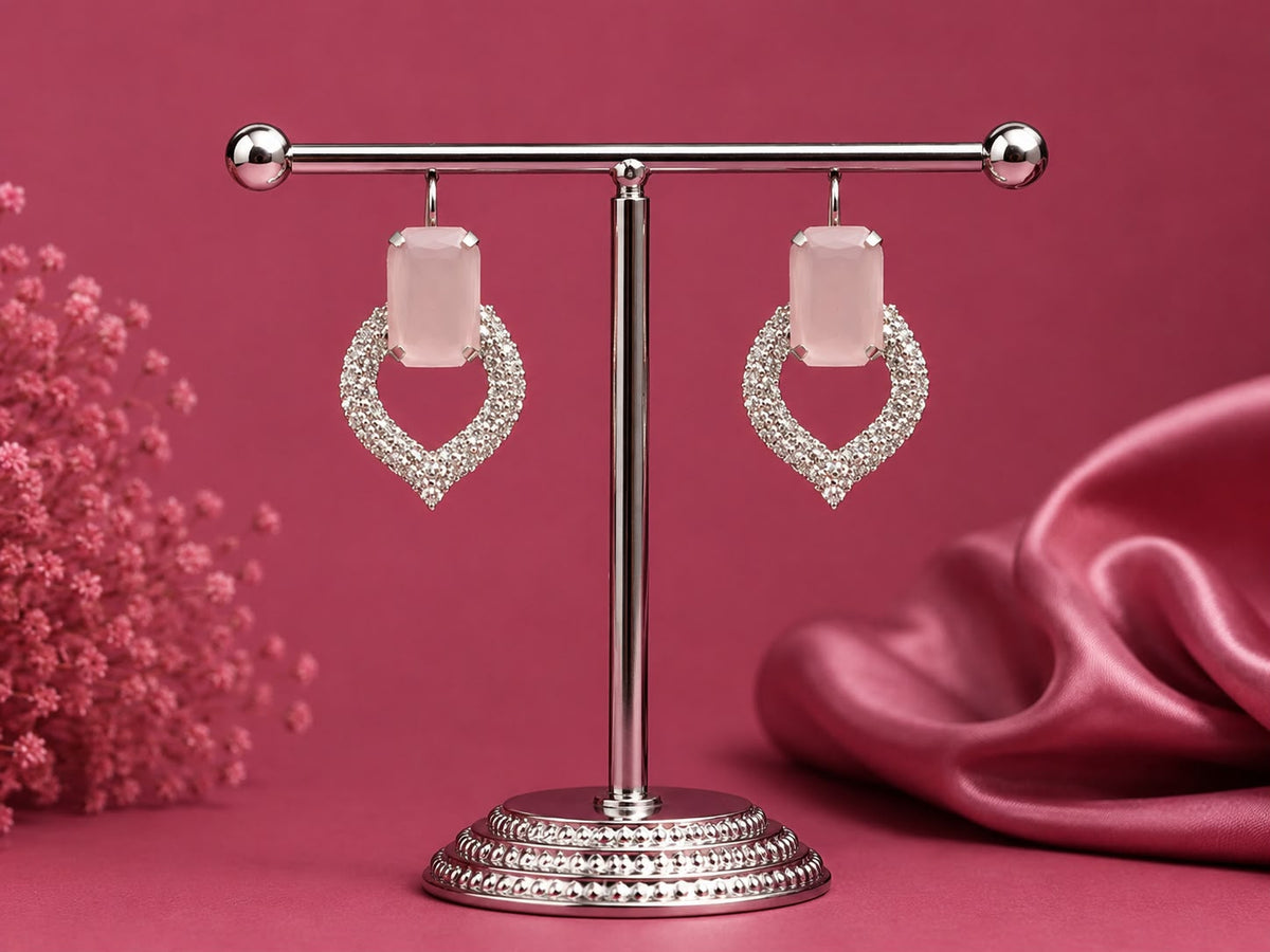 Juhika Pink Stone Heart Drop Earrings for Women | Silver-Tone Crystal Earrings