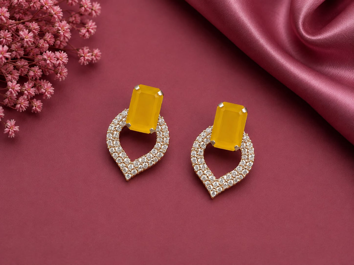 Juhika Yellow Stone Heart Drop Earrings for Women | Silver-Tone Crystal Earrings