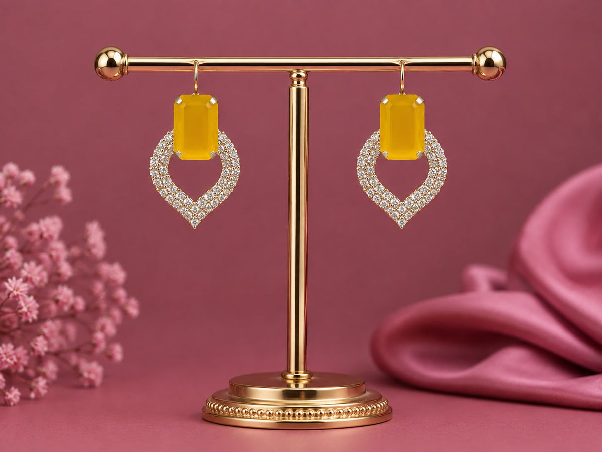 Juhika Yellow Stone Heart Drop Earrings for Women | Silver-Tone Crystal Earrings