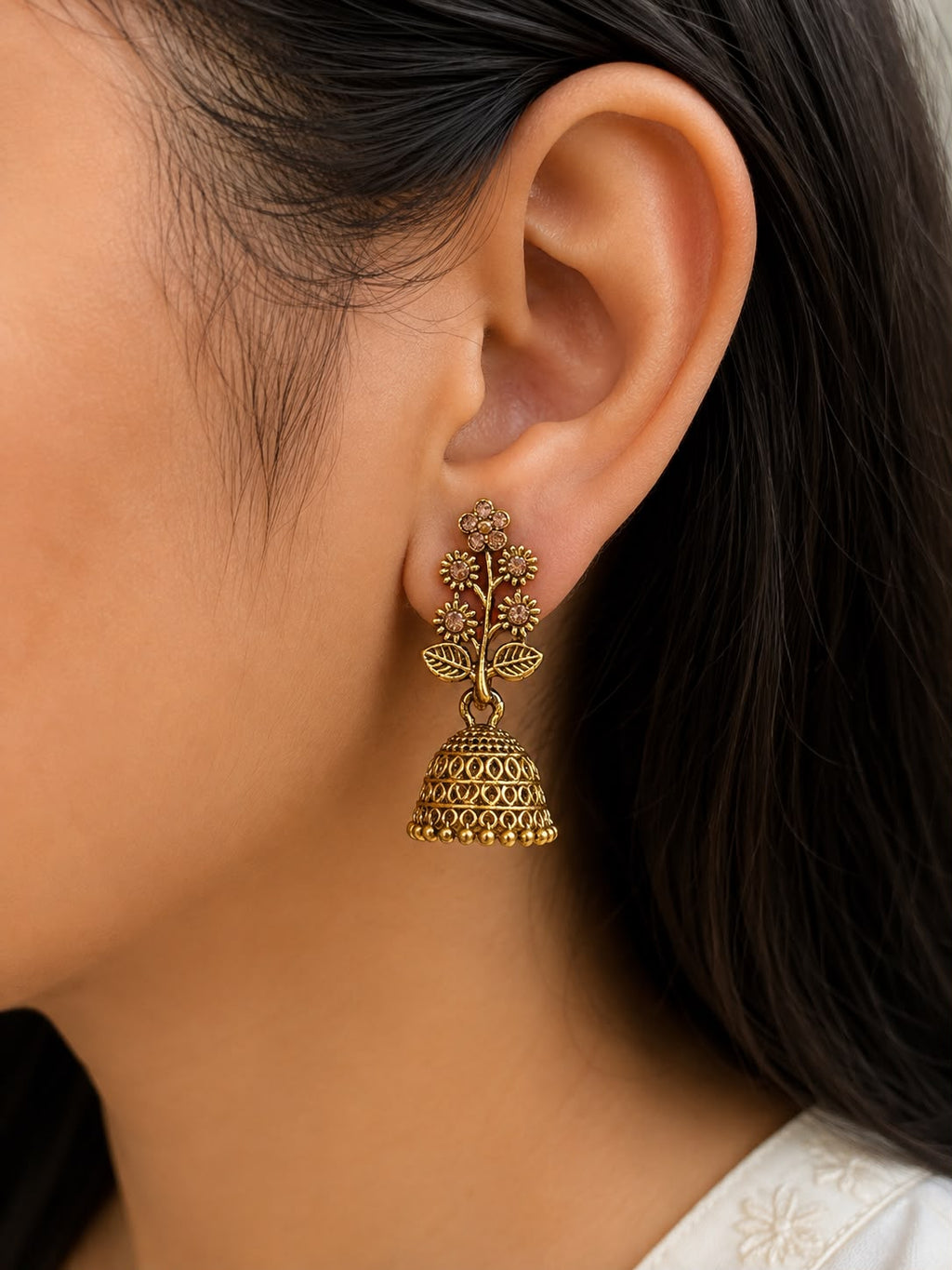 Juhika Gold Floral Jhumka Earrings for Women | Traditional Hanging Earrings