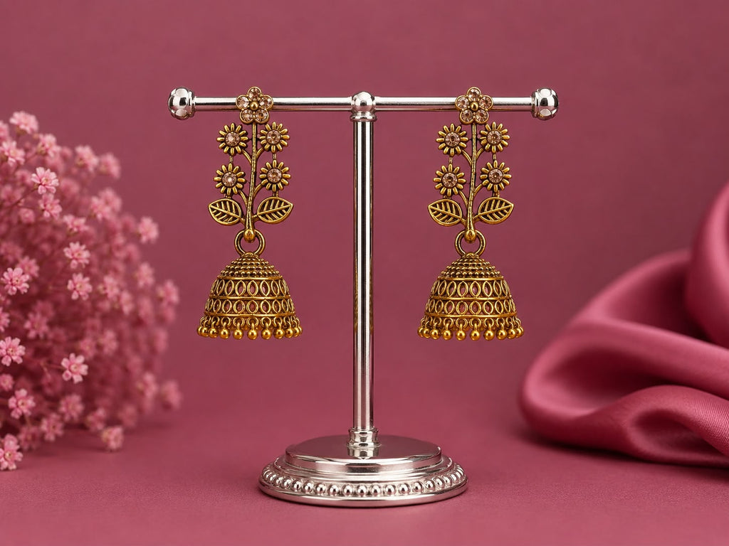 Juhika Gold Floral Jhumka Earrings for Women | Traditional Hanging Earrings