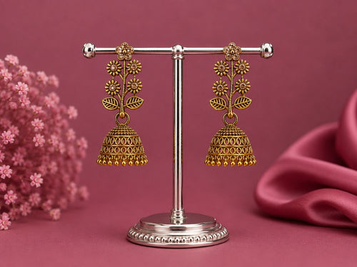 Juhika Gold Floral Jhumka Earrings for Women | Traditional Hanging Earrings
