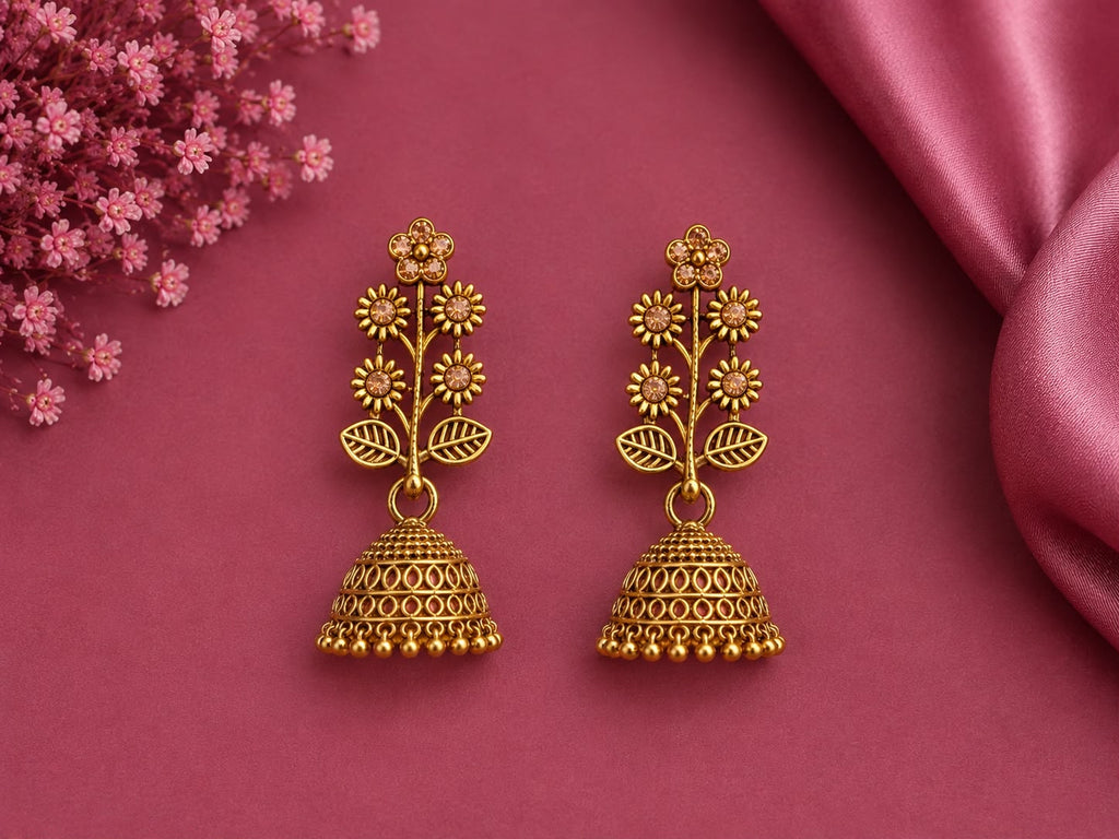 Juhika Gold Floral Jhumka Earrings for Women | Traditional Hanging Earrings