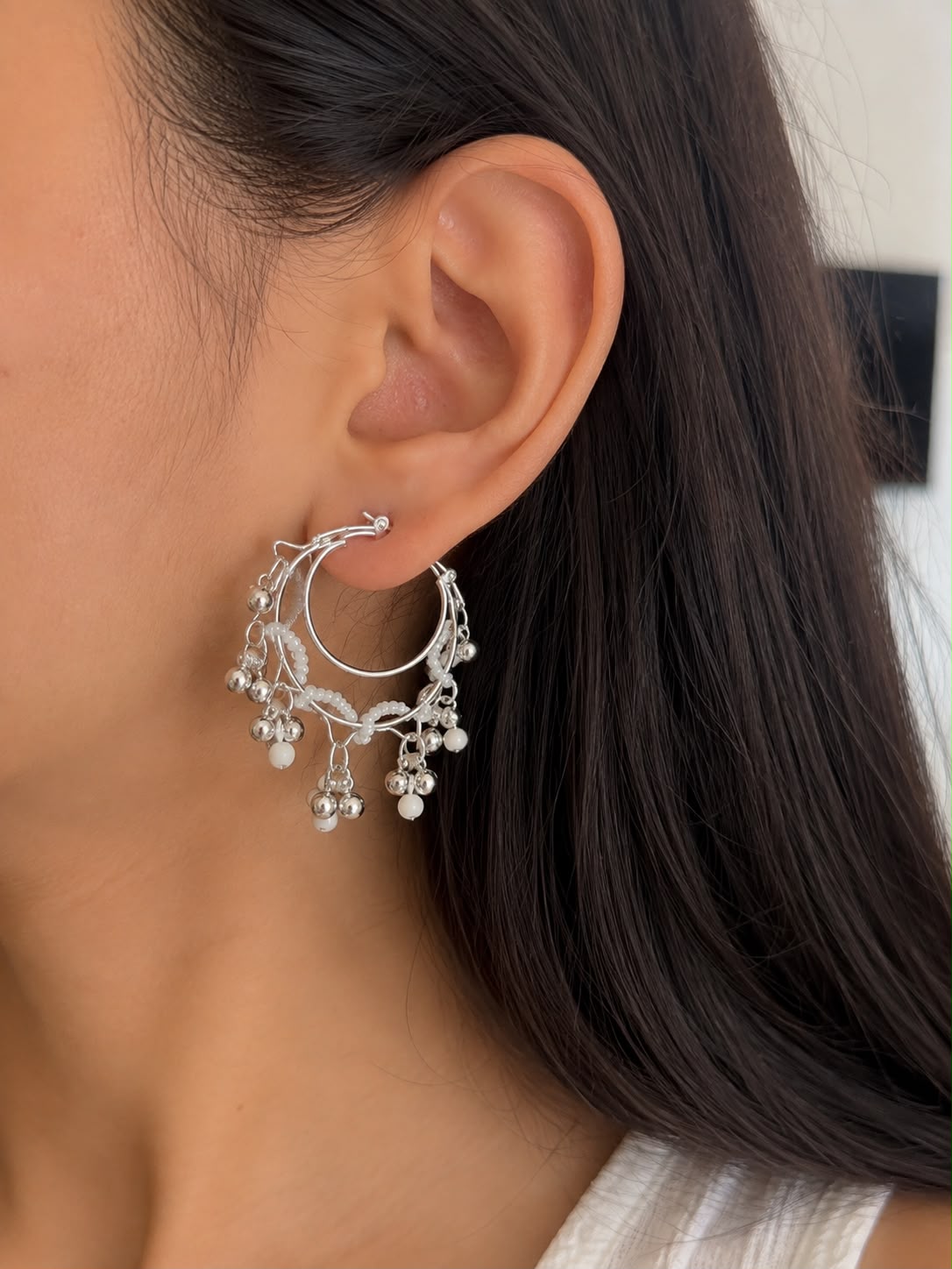Juhika Silver Pearl Hoop Earrings for Women