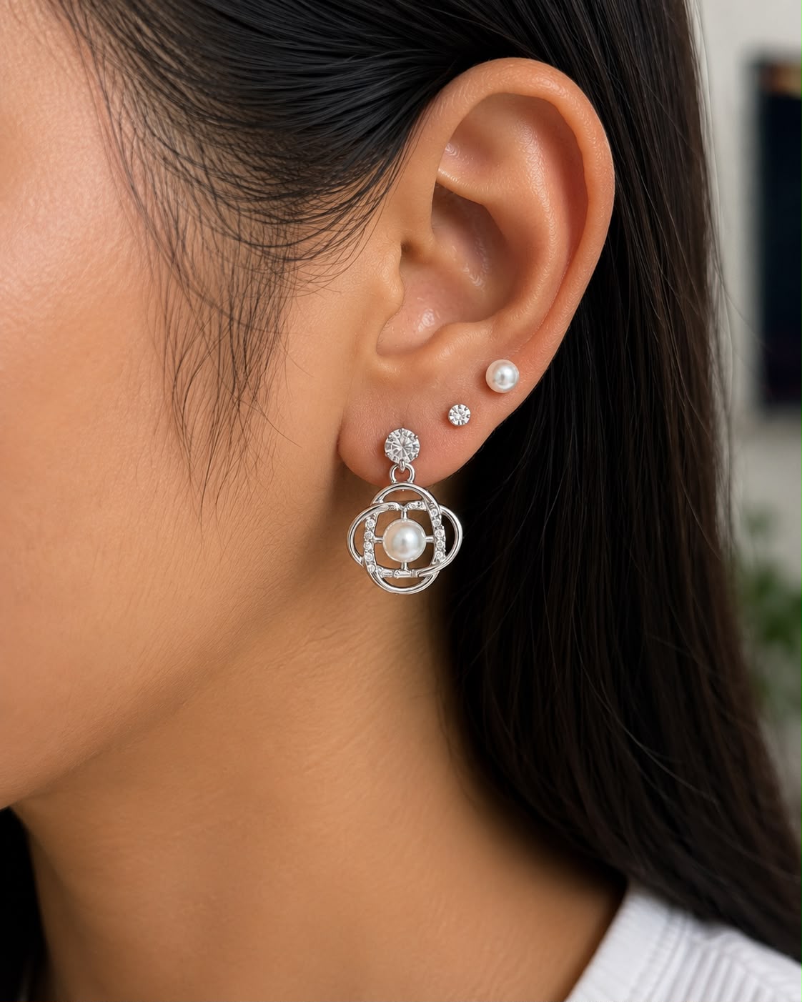 Juhika Silver Pearl Circle Drop Earrings