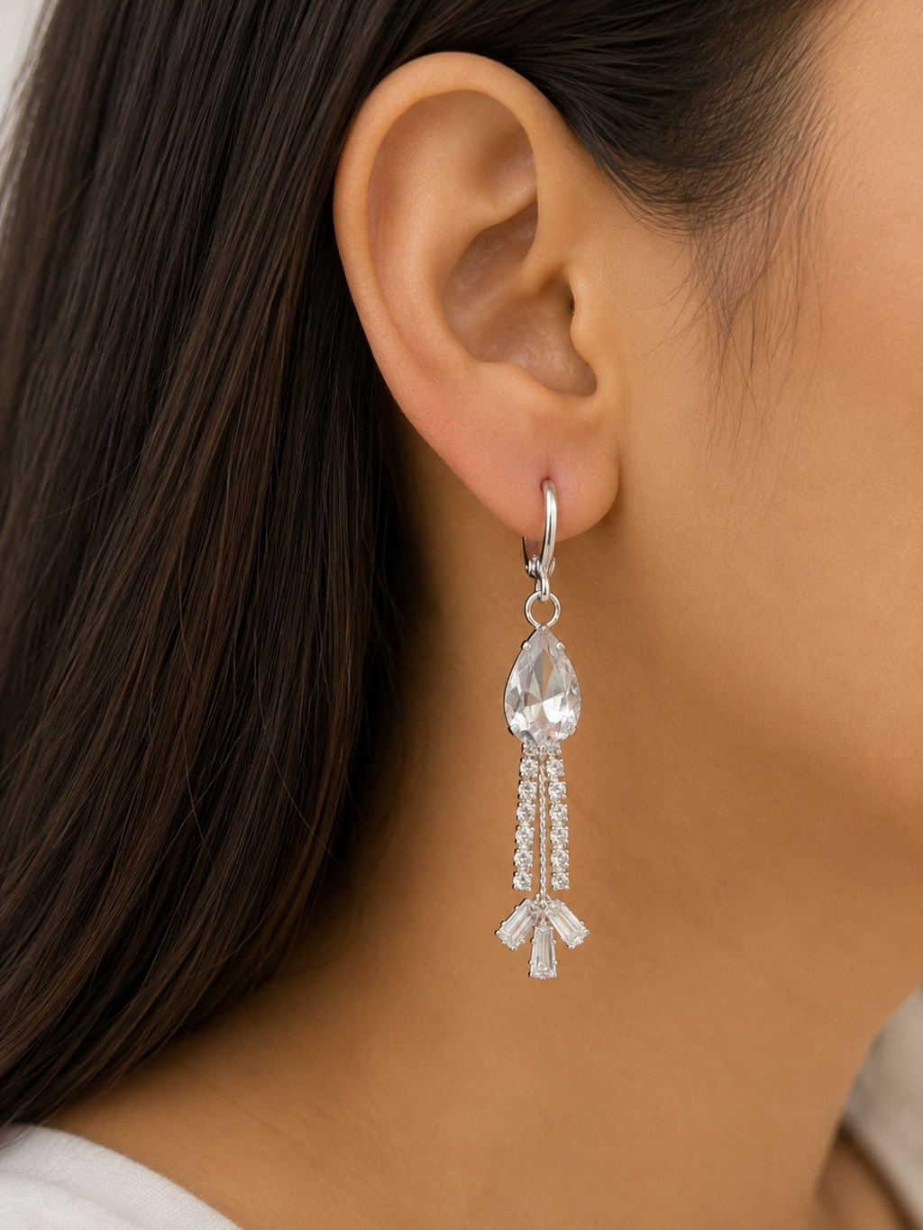 Juhika Silver Crystal Teardrop Dangle Earrings with Rhinestone Tassels for Women