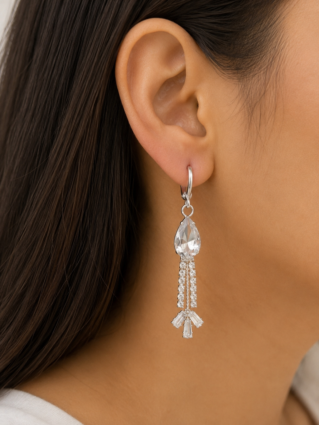 Juhika Silver Crystal Teardrop Dangle Earrings with Rhinestone Tassels for Women