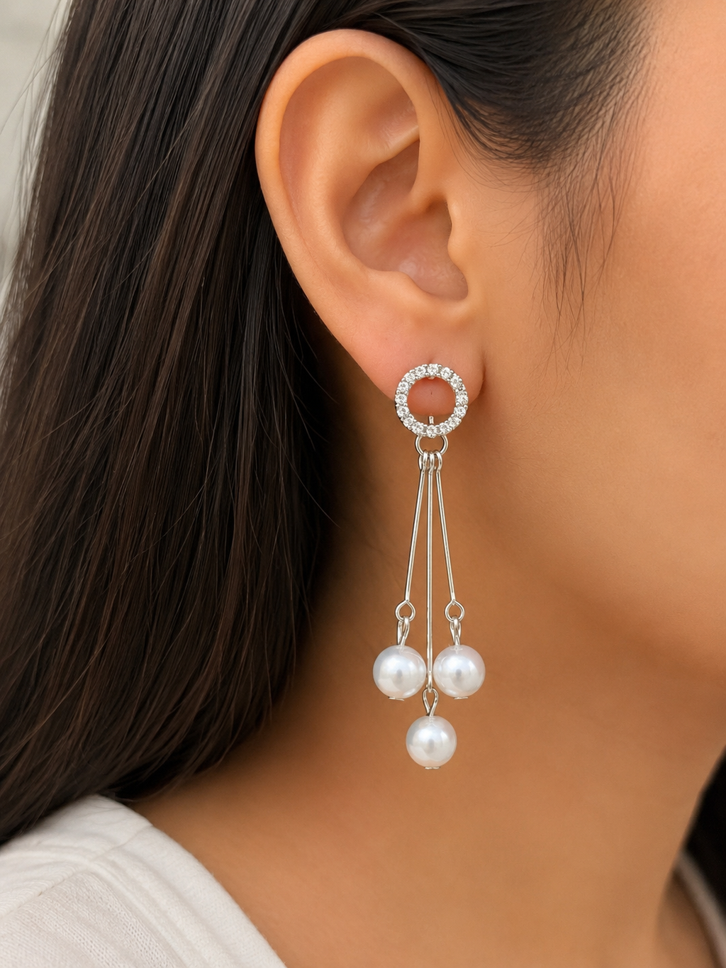 Juhika Silver-Tone Pearl Drop Earrings with Crystal Circle & Triple Pearl Design